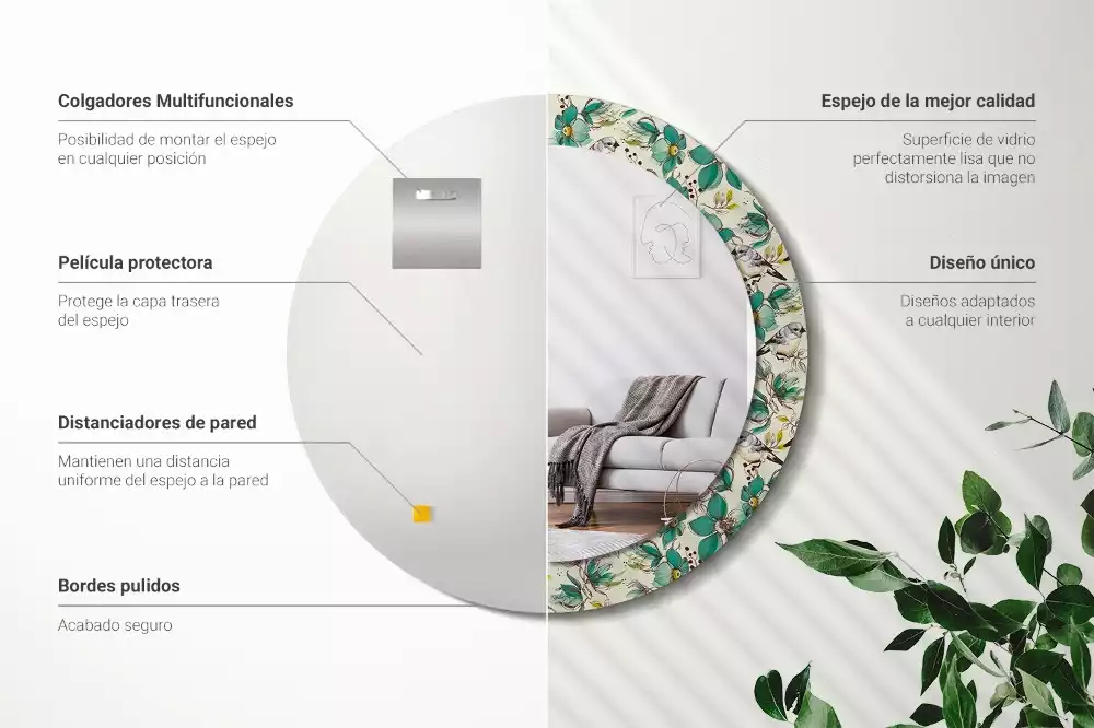 Ronde spiegel met decoratie Bloemen en vogels