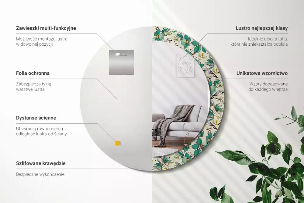 Ronde spiegel met decoratie Bloemen en vogels