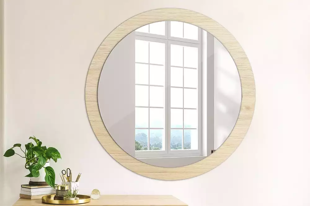 Ronde spiegel met decoratie Licht hout