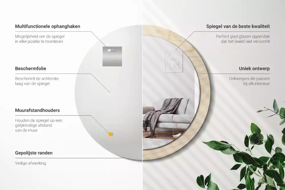 Ronde spiegel met decoratie Licht hout