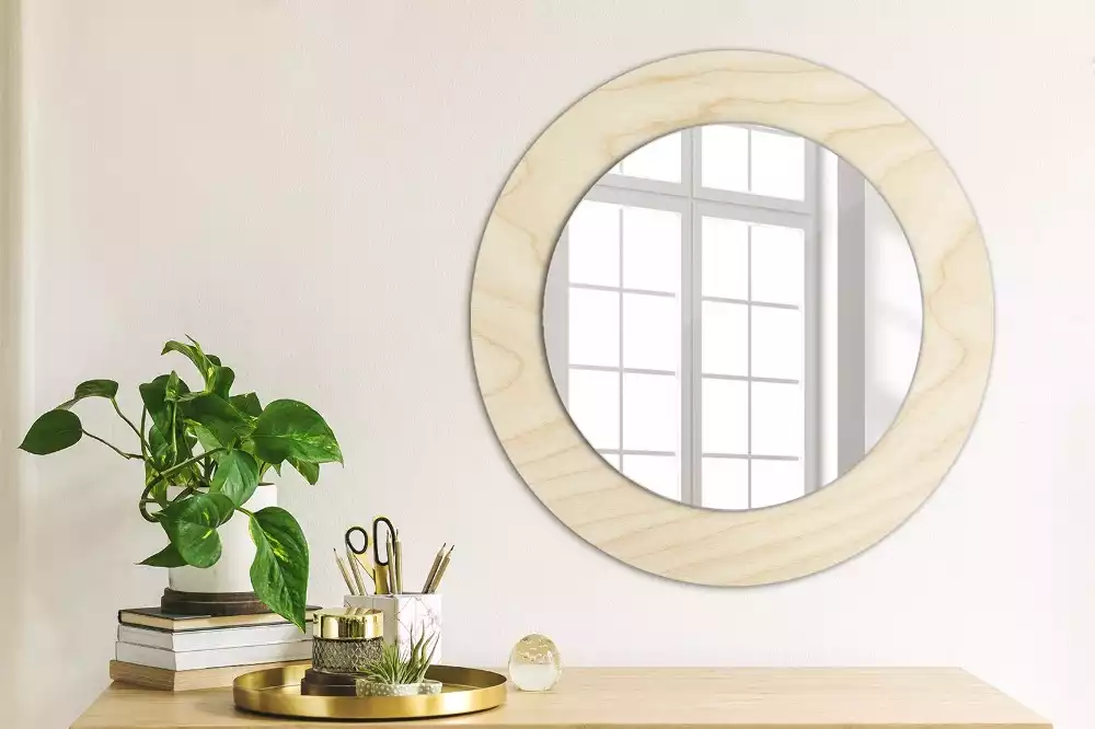 Ronde spiegel met decoratie Licht hout