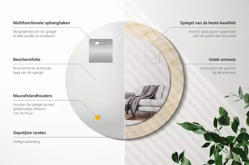 Ronde spiegel met decoratie Licht hout