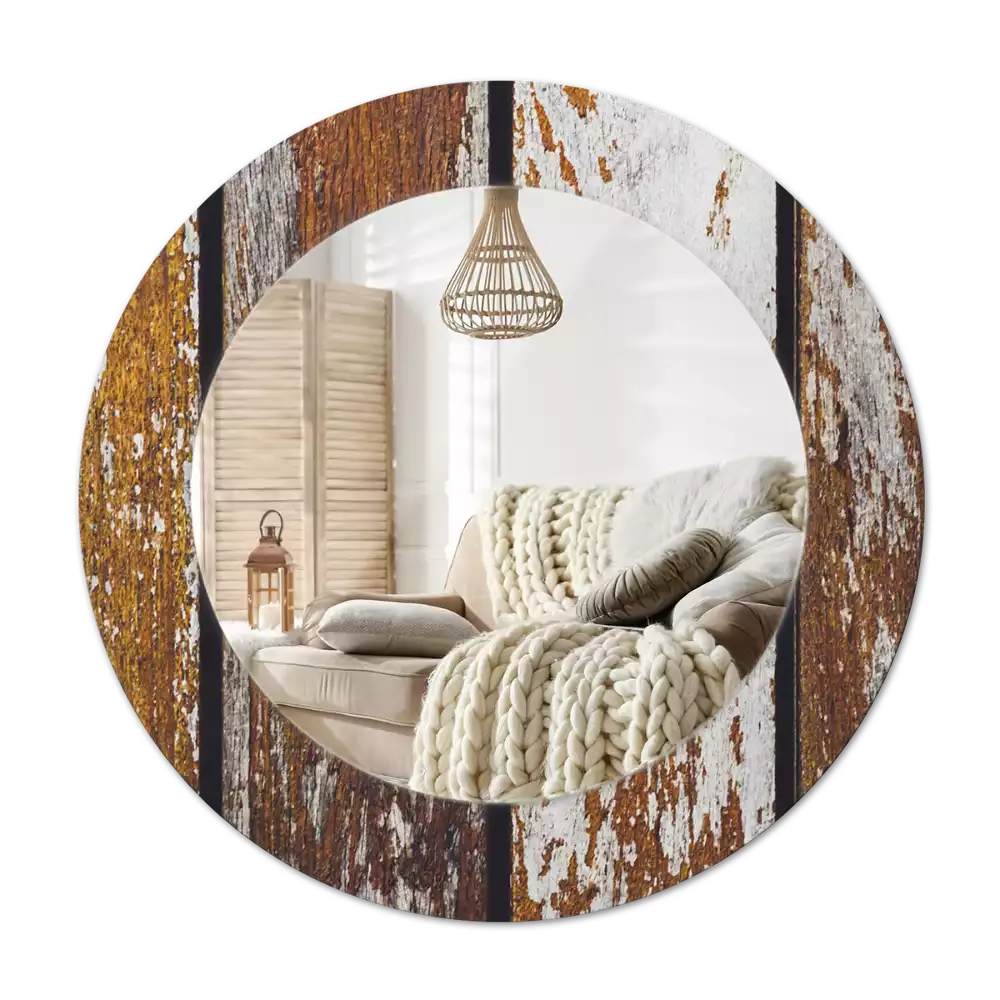Ronde spiegel met bedrukte lijst Donker vintage hout