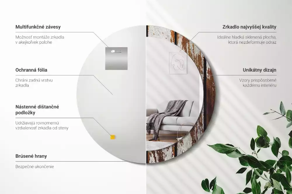 Ronde spiegel met bedrukte lijst Donker vintage hout