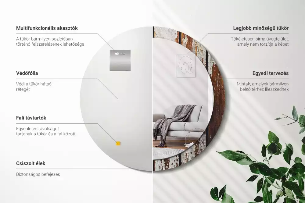 Ronde spiegel met bedrukte lijst Donker vintage hout