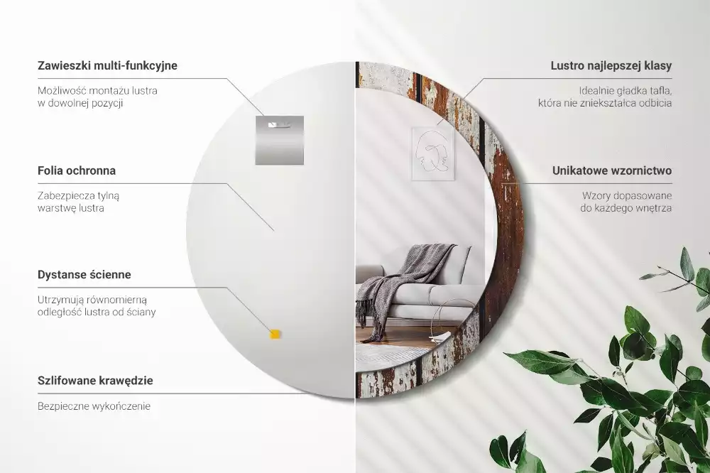 Ronde spiegel met bedrukte lijst Donker vintage hout