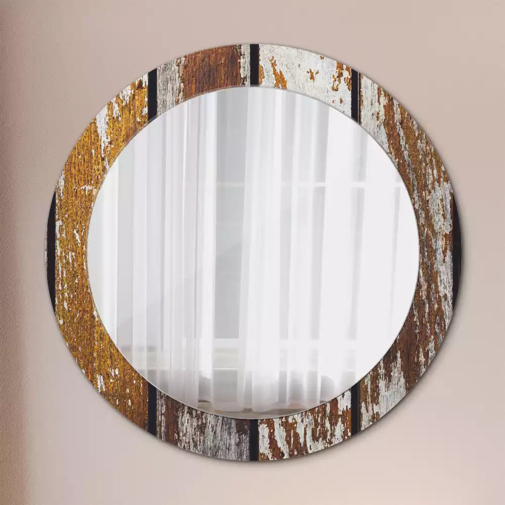 Ronde spiegel met bedrukte lijst Donker vintage hout