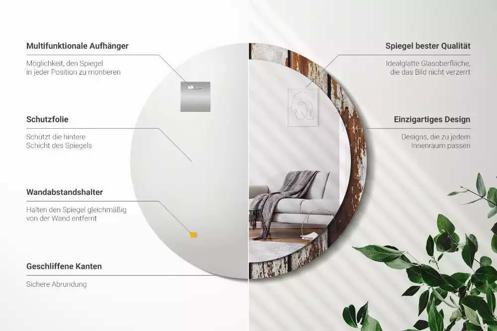 Ronde spiegel met bedrukte lijst Donker vintage hout