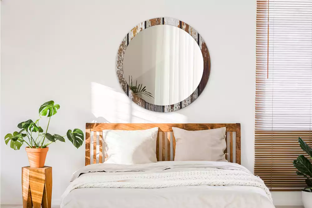 Ronde spiegel met bedrukte lijst Donker vintage hout