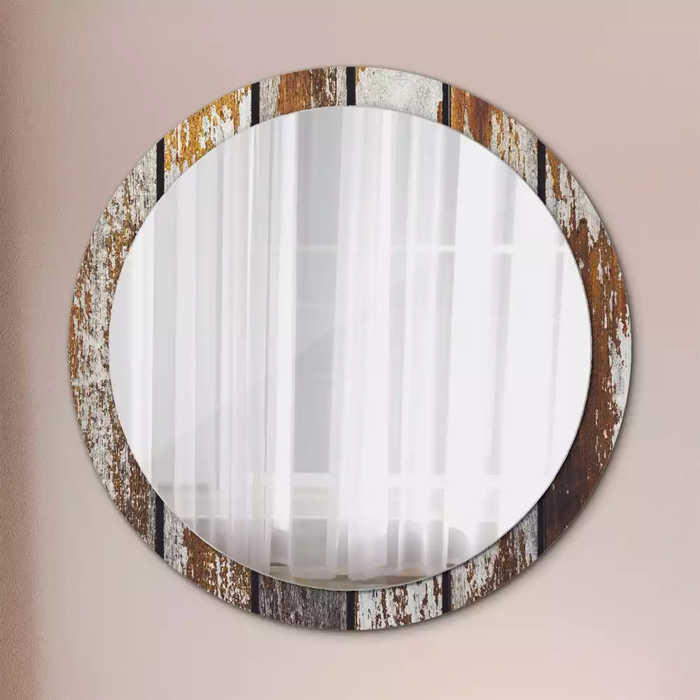 Ronde spiegel met bedrukte lijst Donker vintage hout