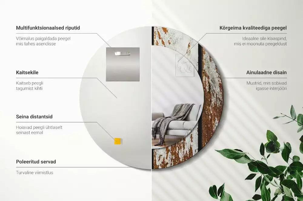 Ronde spiegel met bedrukte lijst Donker vintage hout