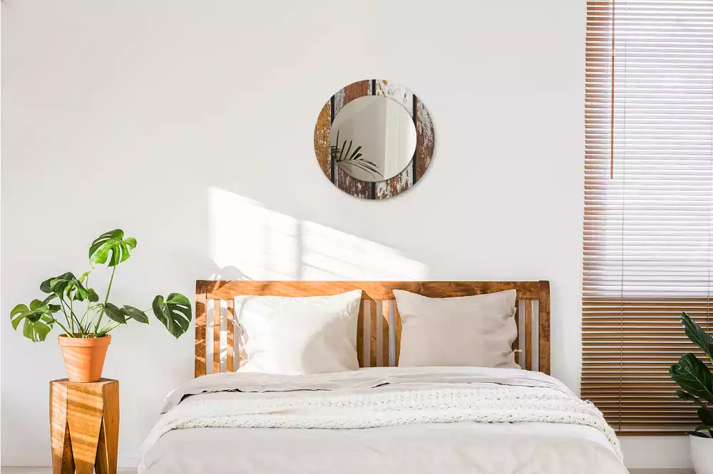 Ronde spiegel met bedrukte lijst Donker vintage hout