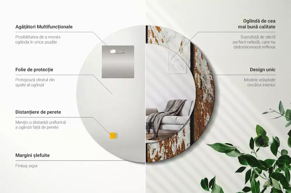 Ronde spiegel met bedrukte lijst Donker vintage hout