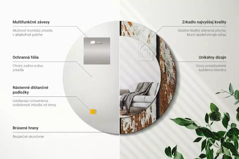 Ronde spiegel met bedrukte lijst Donker vintage hout