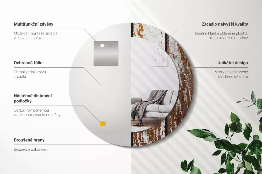 Ronde spiegel met bedrukte lijst Donker vintage hout