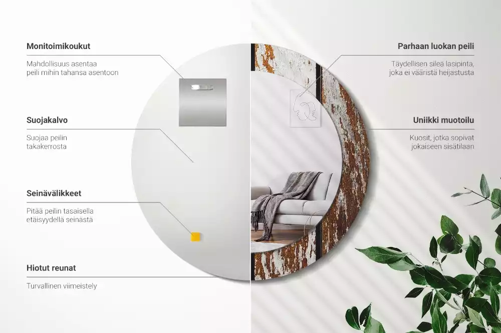 Ronde spiegel met bedrukte lijst Donker vintage hout