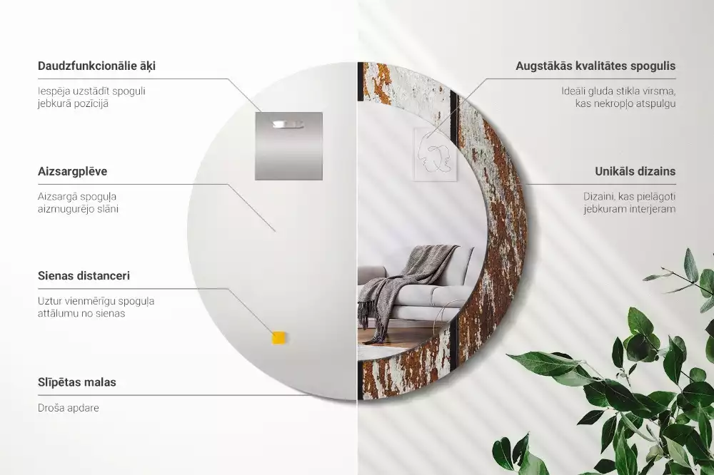 Ronde spiegel met bedrukte lijst Donker vintage hout