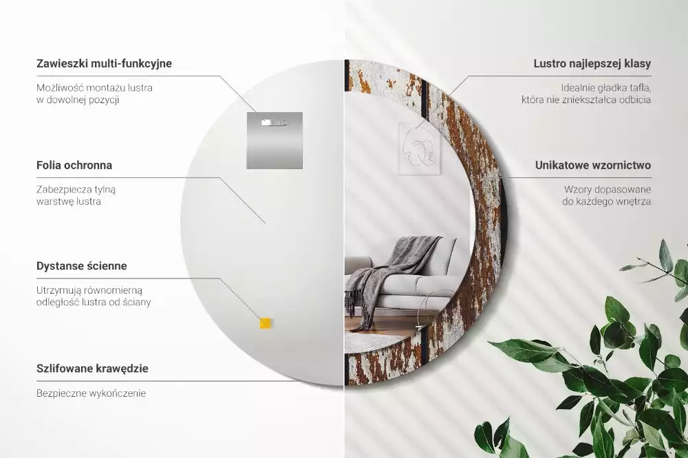 Ronde spiegel met bedrukte lijst Donker vintage hout