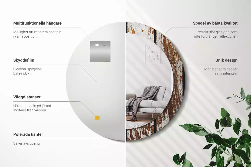 Ronde spiegel met bedrukte lijst Donker vintage hout