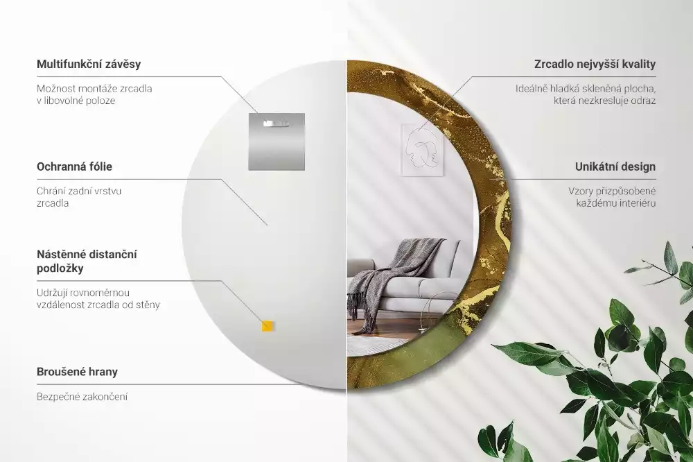 Ronde spiegel met bedrukte lijst Metalen wervelingen