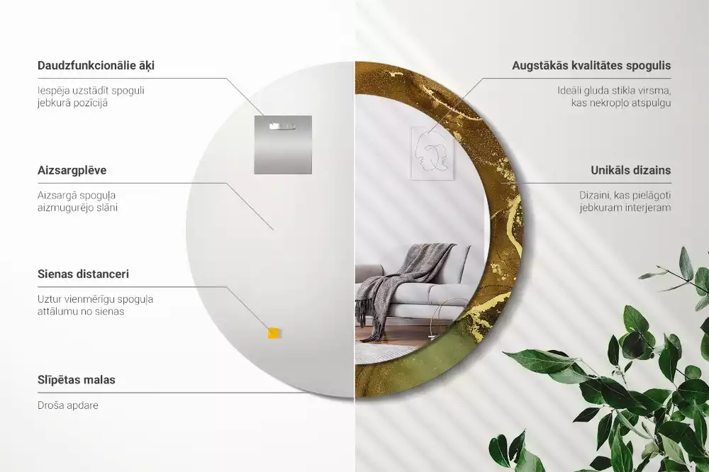 Ronde spiegel met bedrukte lijst Metalen wervelingen