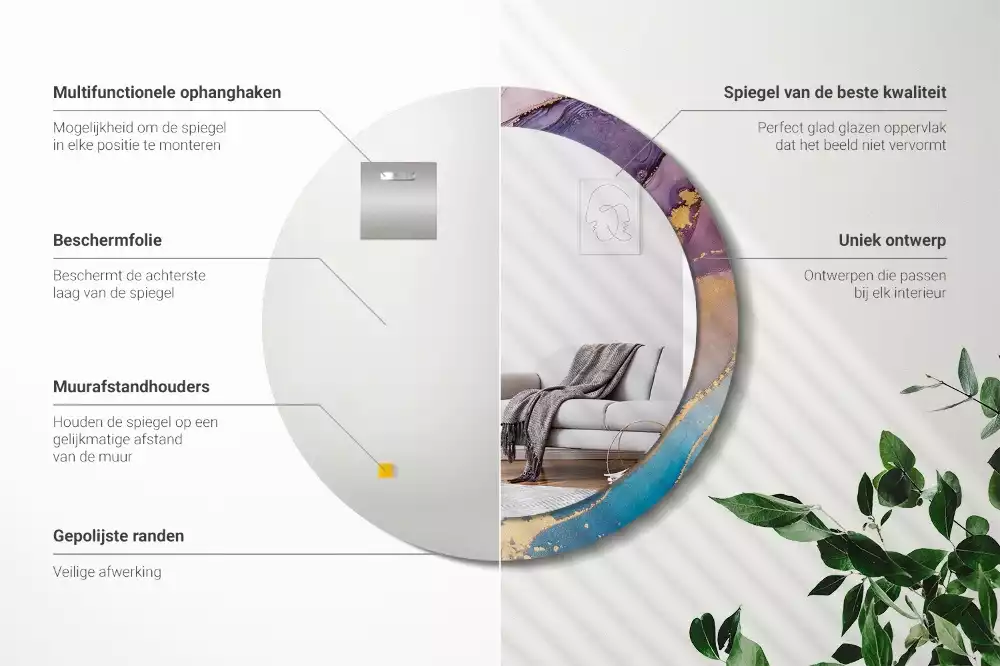 Ronde spiegel met bedrukte lijst Marmeren steen