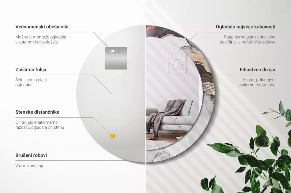 Ronde spiegel met bedrukte lijst Abstract marmer