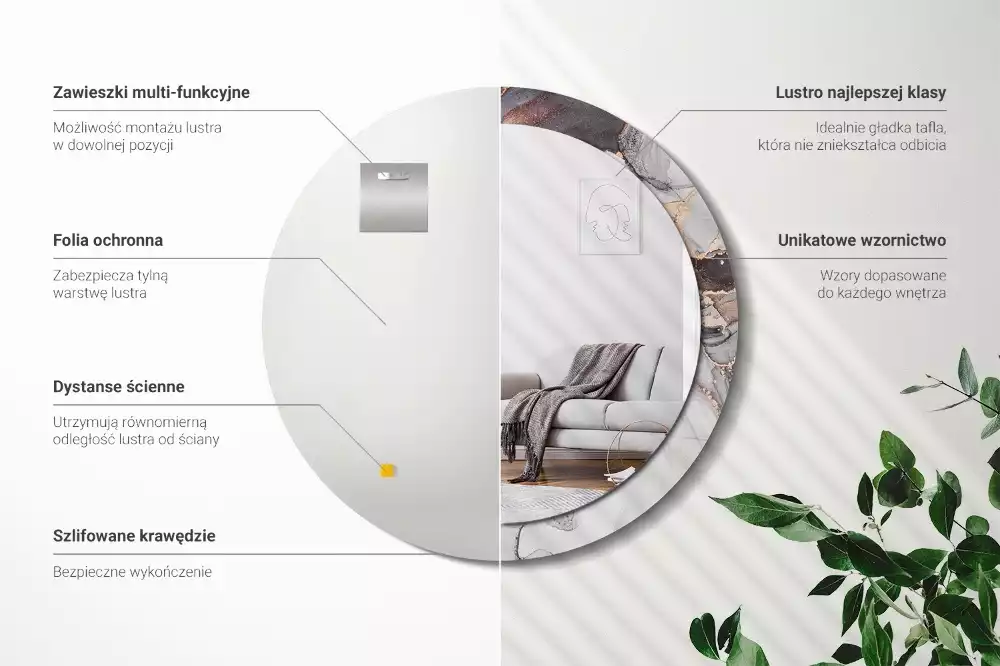 Ronde spiegel met bedrukte lijst Abstract marmer