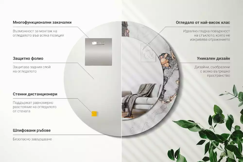 Ronde spiegel met bedrukte lijst Abstract marmer