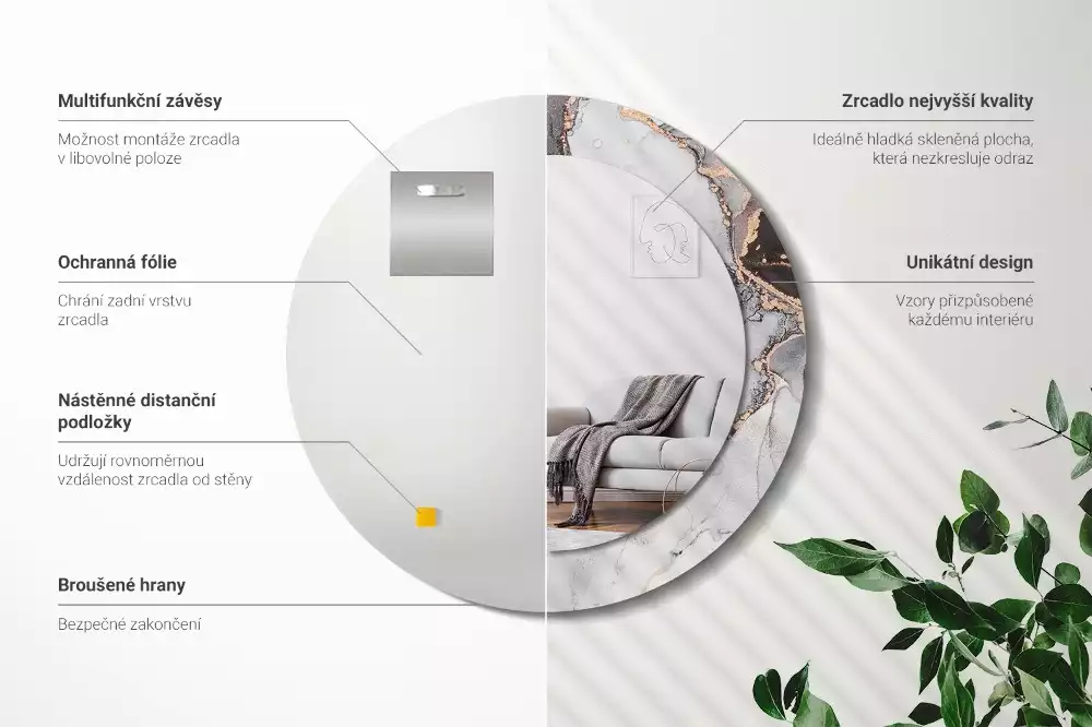 Ronde spiegel met bedrukte lijst Abstract marmer