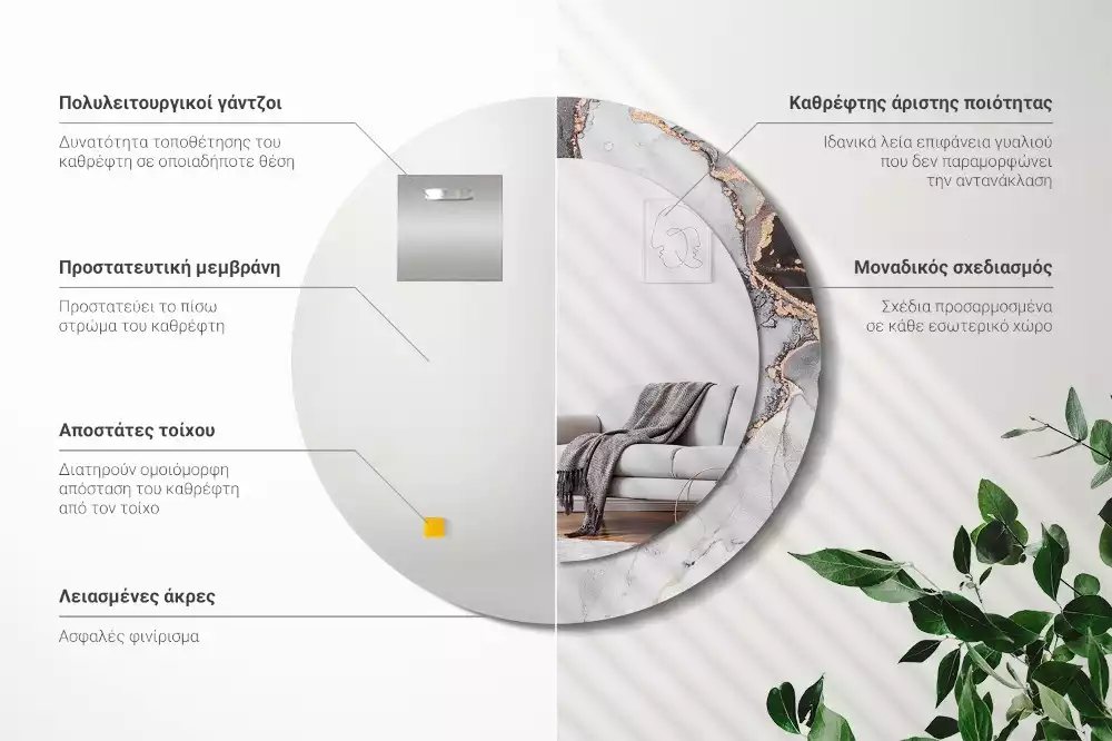 Ronde spiegel met bedrukte lijst Abstract marmer