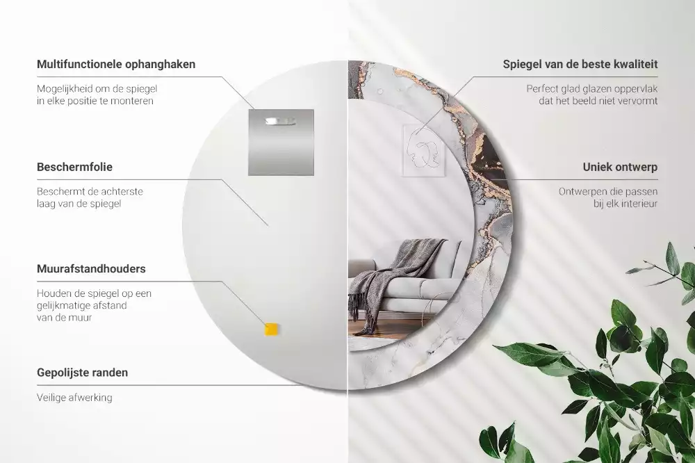 Ronde spiegel met bedrukte lijst Abstract marmer