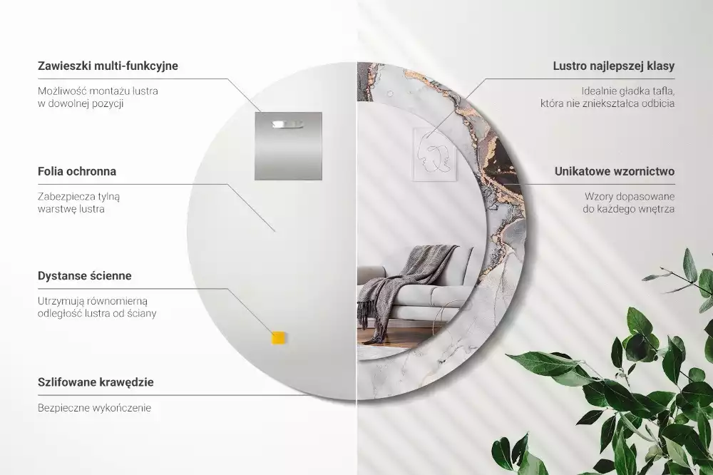 Ronde spiegel met bedrukte lijst Abstract marmer