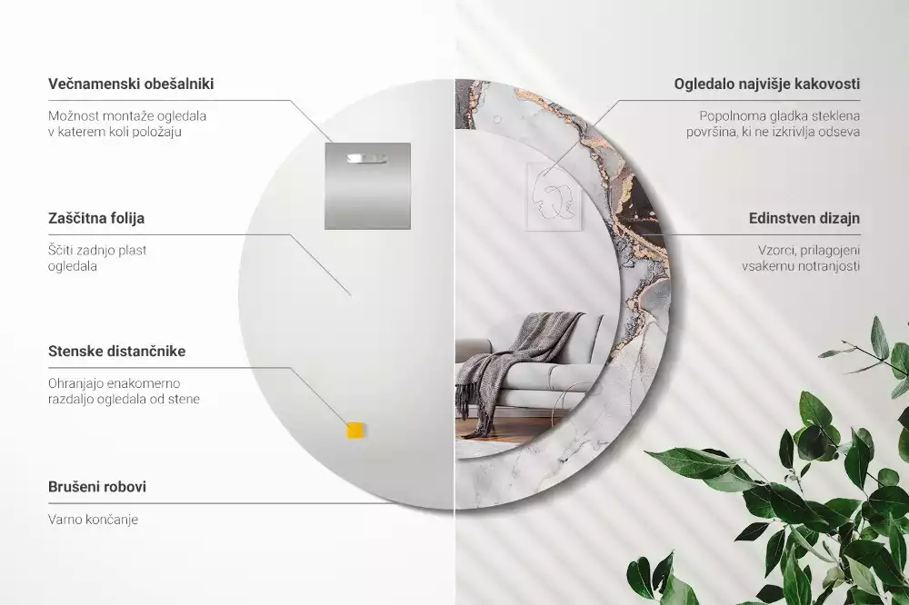 Ronde spiegel met bedrukte lijst Abstract marmer