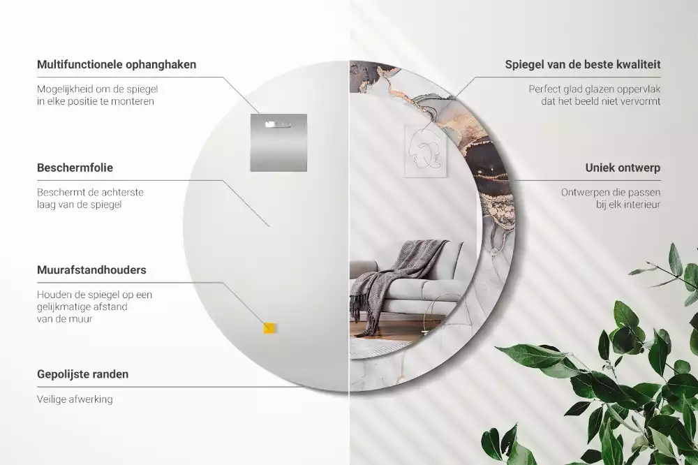 Ronde spiegel met bedrukte lijst Abstract marmer