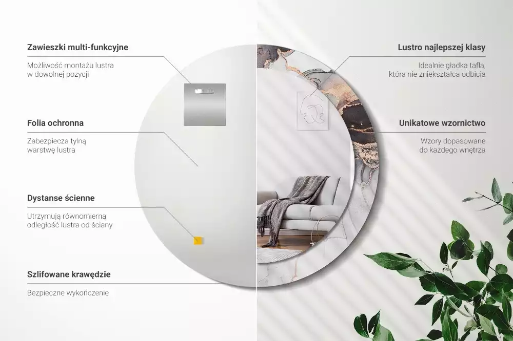 Ronde spiegel met bedrukte lijst Abstract marmer