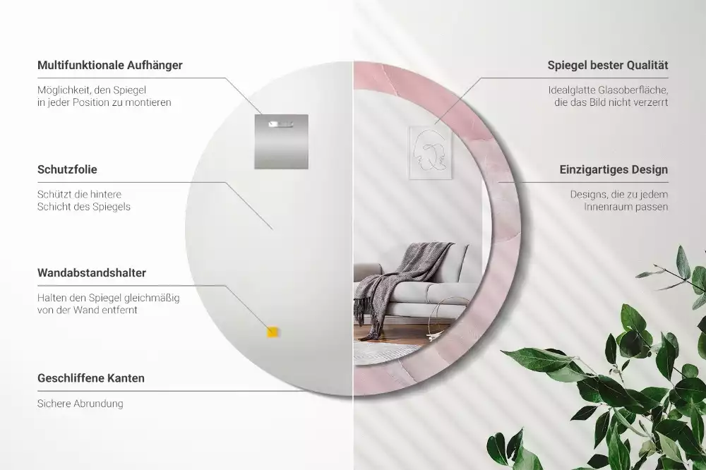 Ronde spiegel met bedrukte lijst Roze steen