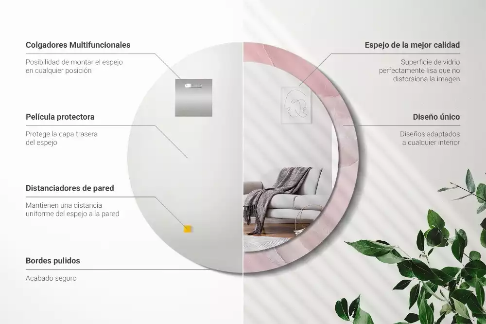 Ronde spiegel met bedrukte lijst Roze steen