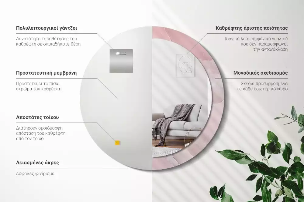 Ronde spiegel met bedrukte lijst Roze steen