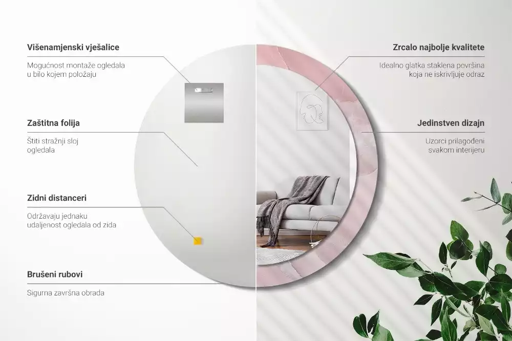 Ronde spiegel met bedrukte lijst Roze steen