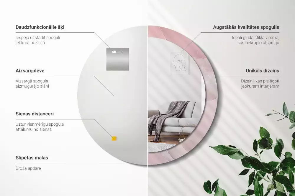 Ronde spiegel met bedrukte lijst Roze steen