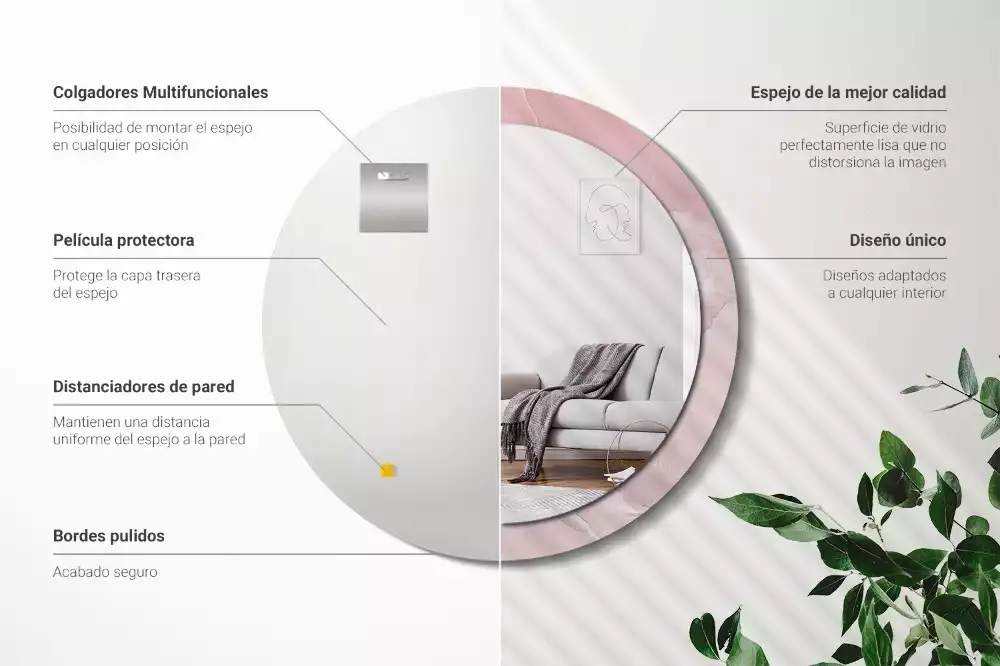 Ronde spiegel met bedrukte lijst Roze steen