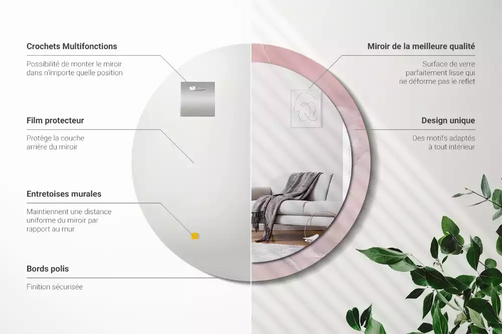 Ronde spiegel met bedrukte lijst Roze steen