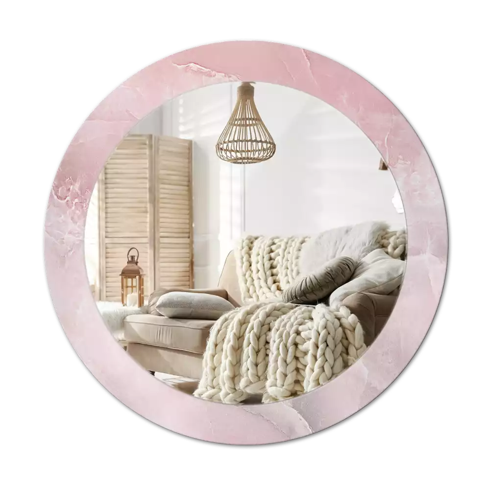 Ronde spiegel met bedrukte lijst Roze steen