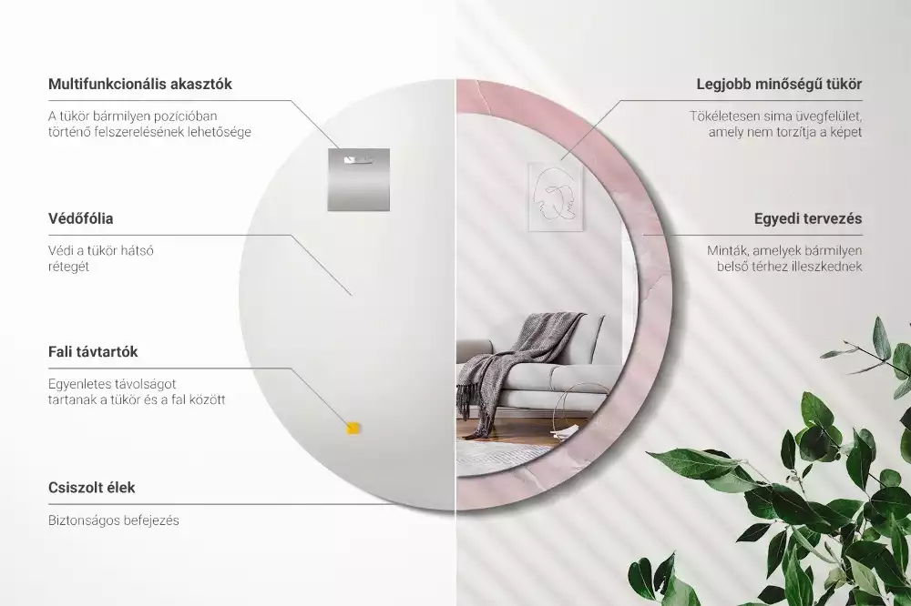 Ronde spiegel met bedrukte lijst Roze steen