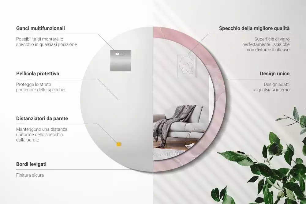 Ronde spiegel met bedrukte lijst Roze steen