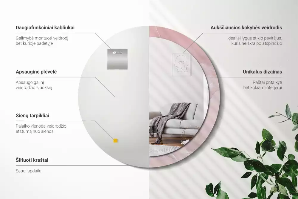 Ronde spiegel met bedrukte lijst Roze steen