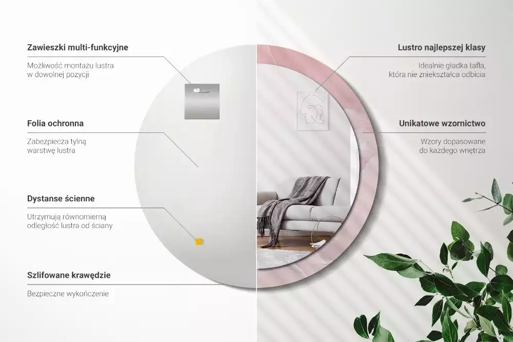 Ronde spiegel met bedrukte lijst Roze steen