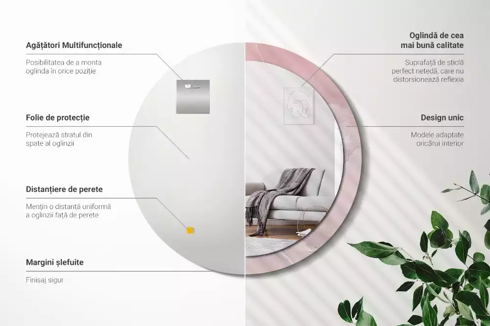 Ronde spiegel met bedrukte lijst Roze steen