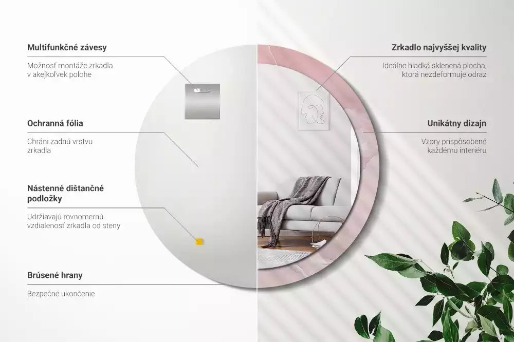 Ronde spiegel met bedrukte lijst Roze steen